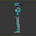 Turquoise Robot Character With Orange Details Red Feet Standing Arms Outstretched 3D Model Pose
