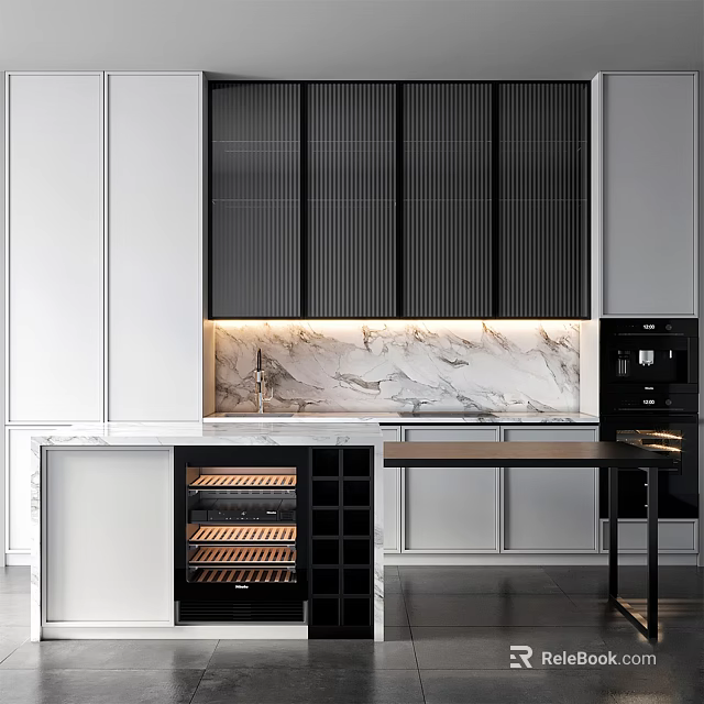 Modern Black And White Kitchen Interior With Marble Backsplash And Wine Storage Cabinet 3d model 