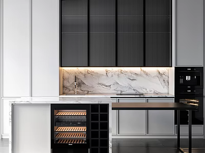 Modern Black And White Kitchen Interior With Marble Backsplash And Wine Storage Cabinet 3d model