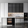 Modern Black And White Kitchen Interior With Marble Backsplash And Wine Storage Cabinet