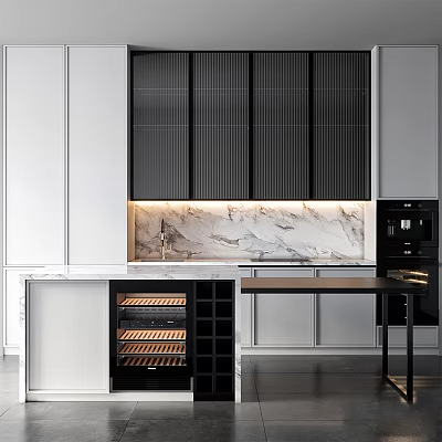 Modern Black And White Kitchen Interior With Marble Backsplash And Wine Storage Cabinet 3d model