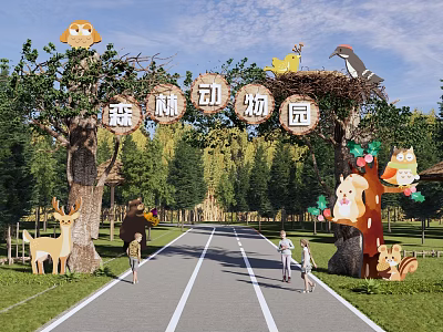 Forest Zoo Garden Landscape With Animal Decorations Trees Path And People Walking 3d model