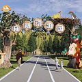 Forest Zoo Garden Landscape With Animal Decorations Trees Path And People Walking