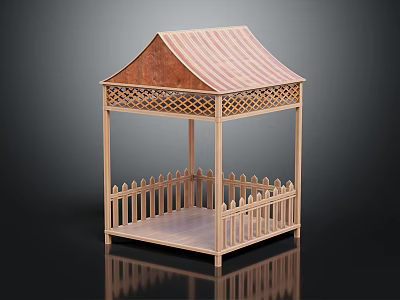 Wooden Gazebo Structure With Striped Roof Lattice Design And Surrounding Fence 3d model