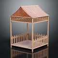 Wooden Gazebo Structure With Striped Roof Lattice Design And Surrounding Fence