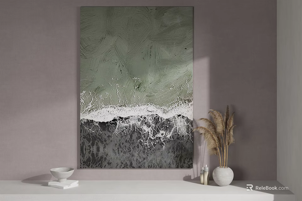 Abstract Green Gray Painting With White Texture On Gray Wall Interior With Shelf Decor 3d model 