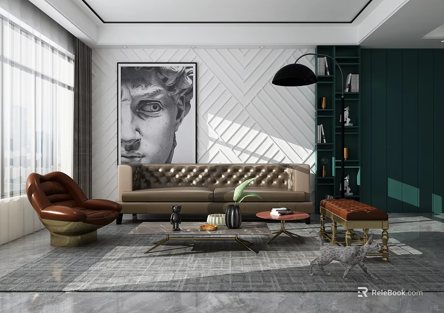 Modern Living Room Interior With Tufted Sofa Leather Armchair Green Bookshelf And Abstract Art 3d model 