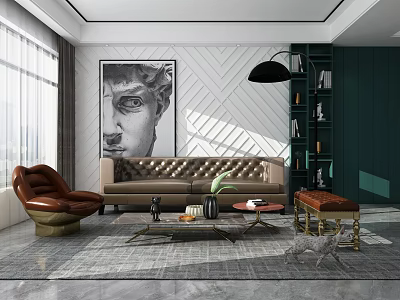Modern Living Room Interior With Tufted Sofa Leather Armchair Green Bookshelf And Abstract Art 3d model