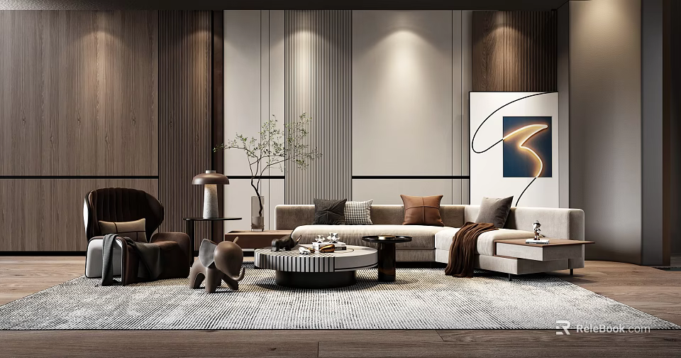 Modern Upholstered Sofa And Coffee Table Set With Cushions Area Rug And Decorative Wall Art 3d model 