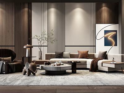 Modern Upholstered Sofa And Coffee Table Set With Cushions Area Rug And Decorative Wall Art 3d model