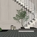 Modern White Staircase With Metal Railings Green Tree Geometric Tile Floor And Lanterns