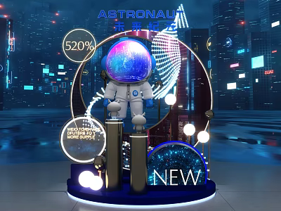 Astronaut Themed Photo Check in Spot With Neon Lights Circular Decor And City Night View 3d model