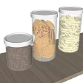 Transparent Glass Jars with Silver Lids Storing Coffee Beans Crackers and Pasta on Wooden Countertop