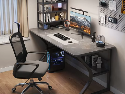 Modern Office Desk Chair Set With Computer Monitor Keyboard Mouse Shelf Wooden Floor And Window 3d model