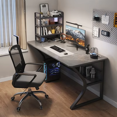 Modern Office Desk Chair Set With Computer Monitor Keyboard Mouse Shelf Wooden Floor And Window 3d model