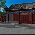 Ancient Architecture Exterior With Red Doors Windows Gray Roof Green Trees And Blue Sky