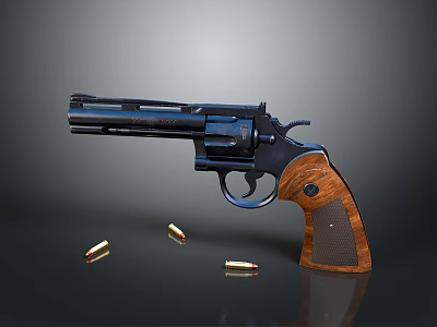 Classic Revolver With Black Metal Body And Wooden Grip Surrounded By Ammunition On Gray Background 3d model