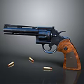 Classic Revolver With Black Metal Body And Wooden Grip Surrounded By Ammunition On Gray Background