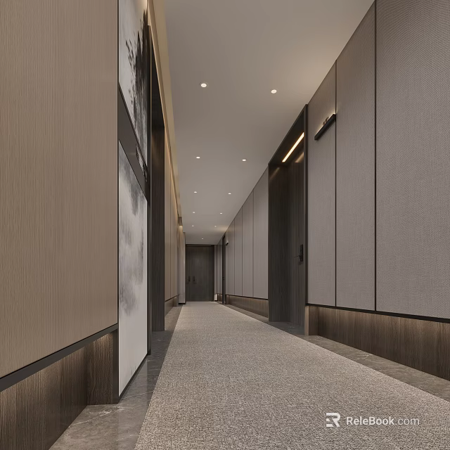 Modern Office Corridor With Art Carpet And Ceiling Lights 3d model 