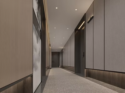 Modern Office Corridor With Art Carpet And Ceiling Lights 3d model