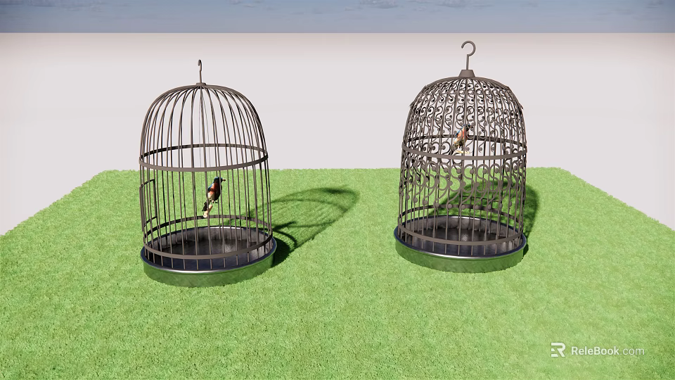 Decorative Ornament Set With Metal Birdcages And Small Birds On Green Grass 3d model 