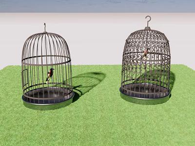 Decorative Ornament Set With Metal Birdcages And Small Birds On Green Grass 3d model
