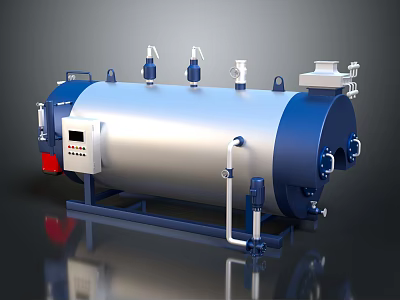 Industrial Steam Boiler With Cylindrical Silver Blue Body Control Panel Pipes And Valves 3d model