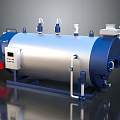Industrial Steam Boiler With Cylindrical Silver Blue Body Control Panel Pipes And Valves