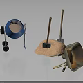 Construction Tools Setup with Blue Cement Mixer Shovels Sand and Rusty Metal Funnel