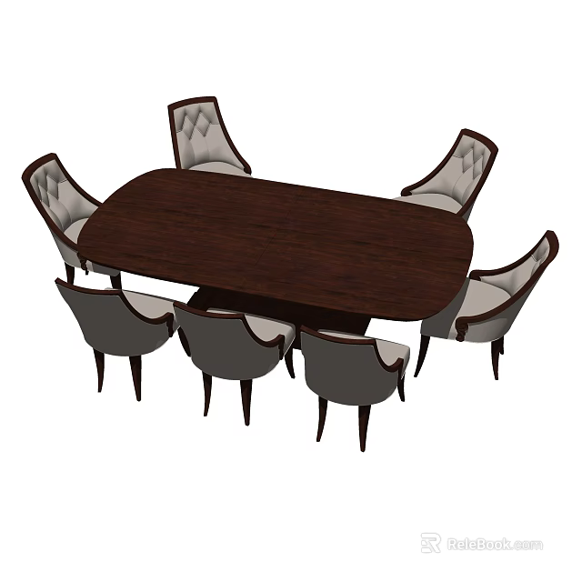 Dark Wooden Oval Dining Table Set With Six Gray Upholstered Back Chairs 3d model