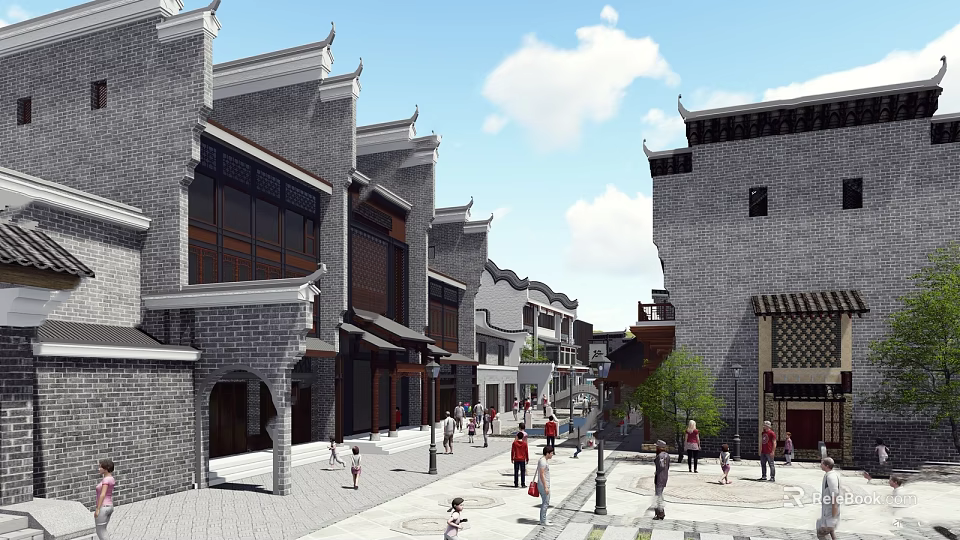 Traditional Commercial Street With Gray Brick Buildings Chinese Style Roofs And Pedestrians 3d model 
