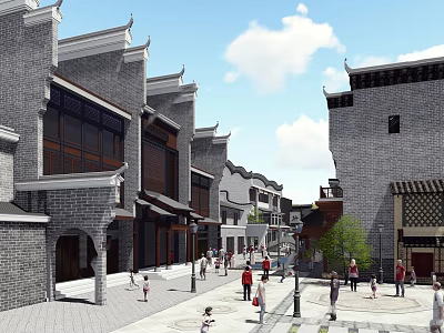 Traditional Commercial Street With Gray Brick Buildings Chinese Style Roofs And Pedestrians 3d model
