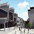 Traditional Commercial Street With Gray Brick Buildings Chinese Style Roofs And Pedestrians