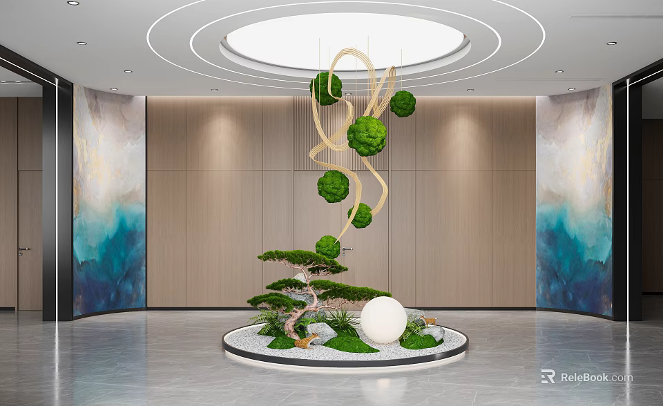 Elegant Hotel Lobby Interior Design With Circular Green Sculpture Wooden Panel Walls And Artistic Decor 3d model 