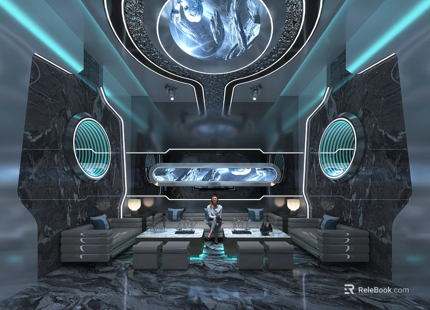 Modern KTV Interior Design With Circular Lighting And Comfortable Sofa Seats 3d model 