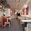 Modern Restaurant Interior Design With Wooden Tables Hanging Lamps And Red Wall Decor