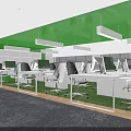 Modern Public Office Space Featuring Green Walls White Desks Chairs Computers And Pendant Lights