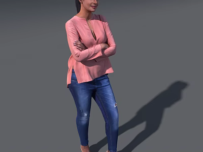 Woman In Pink Top And Blue Jeans Standing With Arms Crossed Against Gray Background 3d model