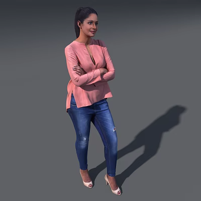 Woman In Pink Top And Blue Jeans Standing With Arms Crossed Against Gray Background 3d model