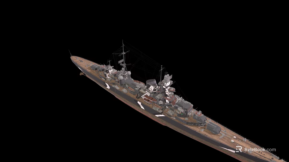 Battleship Aerial View With Detailed Deck Structure And Main Turrets 3d model 