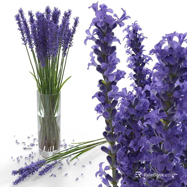 Lavender Flower Bouquet Decorative Ornament Set With Glass Vase And Scattered Petals 3d model 