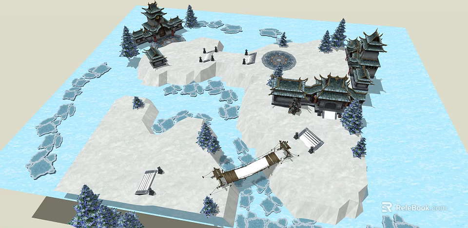 Ancient Chinese Architecture In Snowy Landscape With Ice Bridges And Pine Trees 3d model 