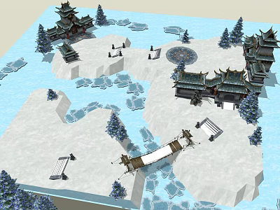 Ancient Chinese Architecture In Snowy Landscape With Ice Bridges And Pine Trees 3d model