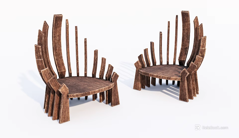 Wooden Leisure Chairs With Unique Slat Design Curved Seat And Artistic Backrest Structure 3d model 