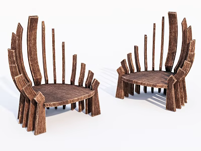 Wooden Leisure Chairs With Unique Slat Design Curved Seat And Artistic Backrest Structure 3d model