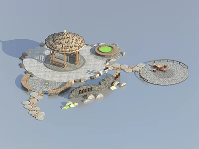 Garden Ornament Design Featuring Thatched Pavilion Circular Green Pool Stone Benches And Paved Areas 3d model