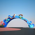 Blue Water Park Archway With Dragon Decorations And Wave Coral Elements 3d model