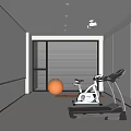 Modern Entertainment Room Interior With Projection Screen Treadmill Exercise Bike Orange Exercise Ball And Blinds
