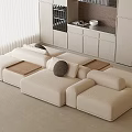 Modern Minimalist Cream Sectional Sofa With Soft Fabric Accent Pillows And Wooden Trays