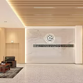 Modern Warm Natural Wood Corporate Reception Space With Marble Brand Wall And Cozy Guest Lounge